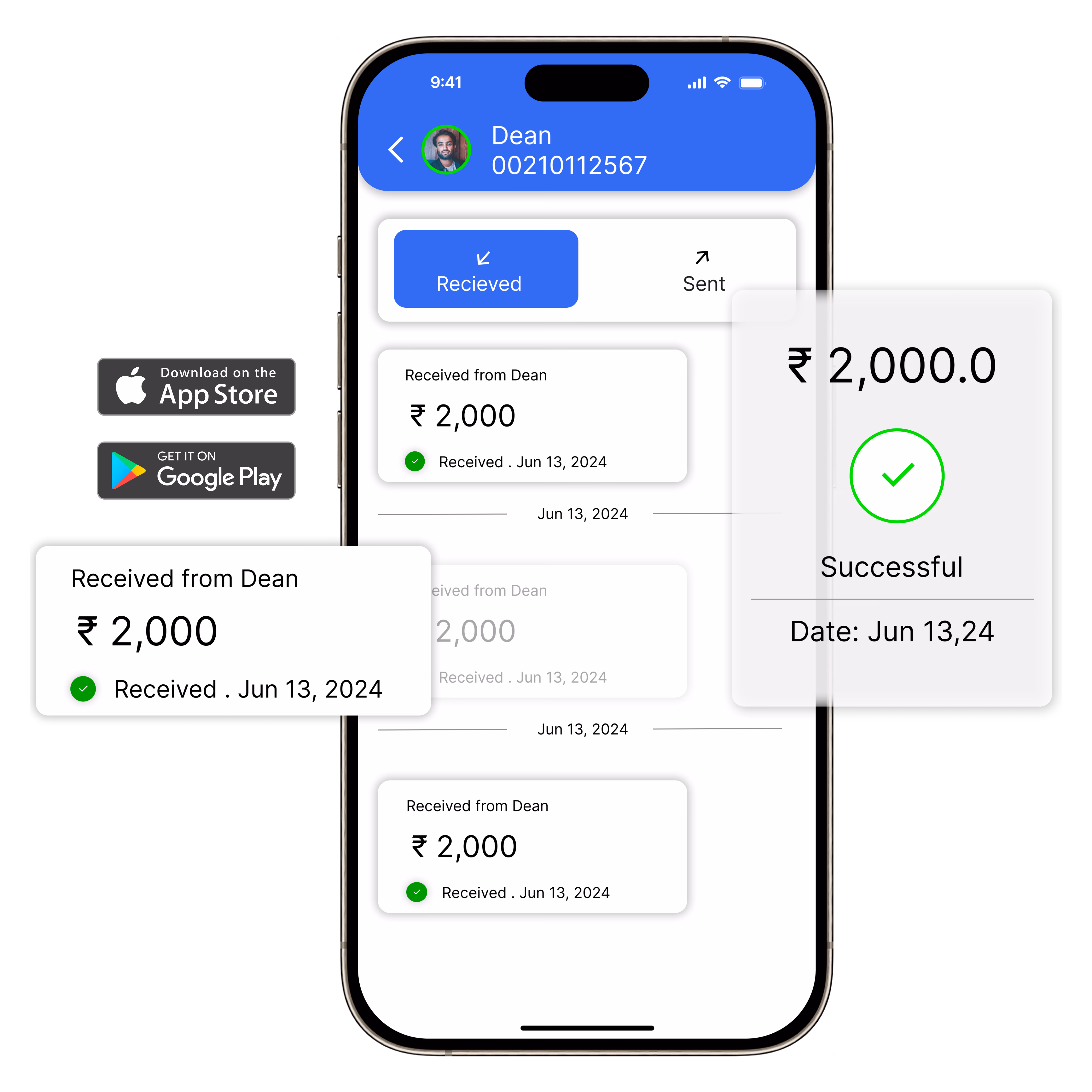 Mobile banking app screen showing received payments