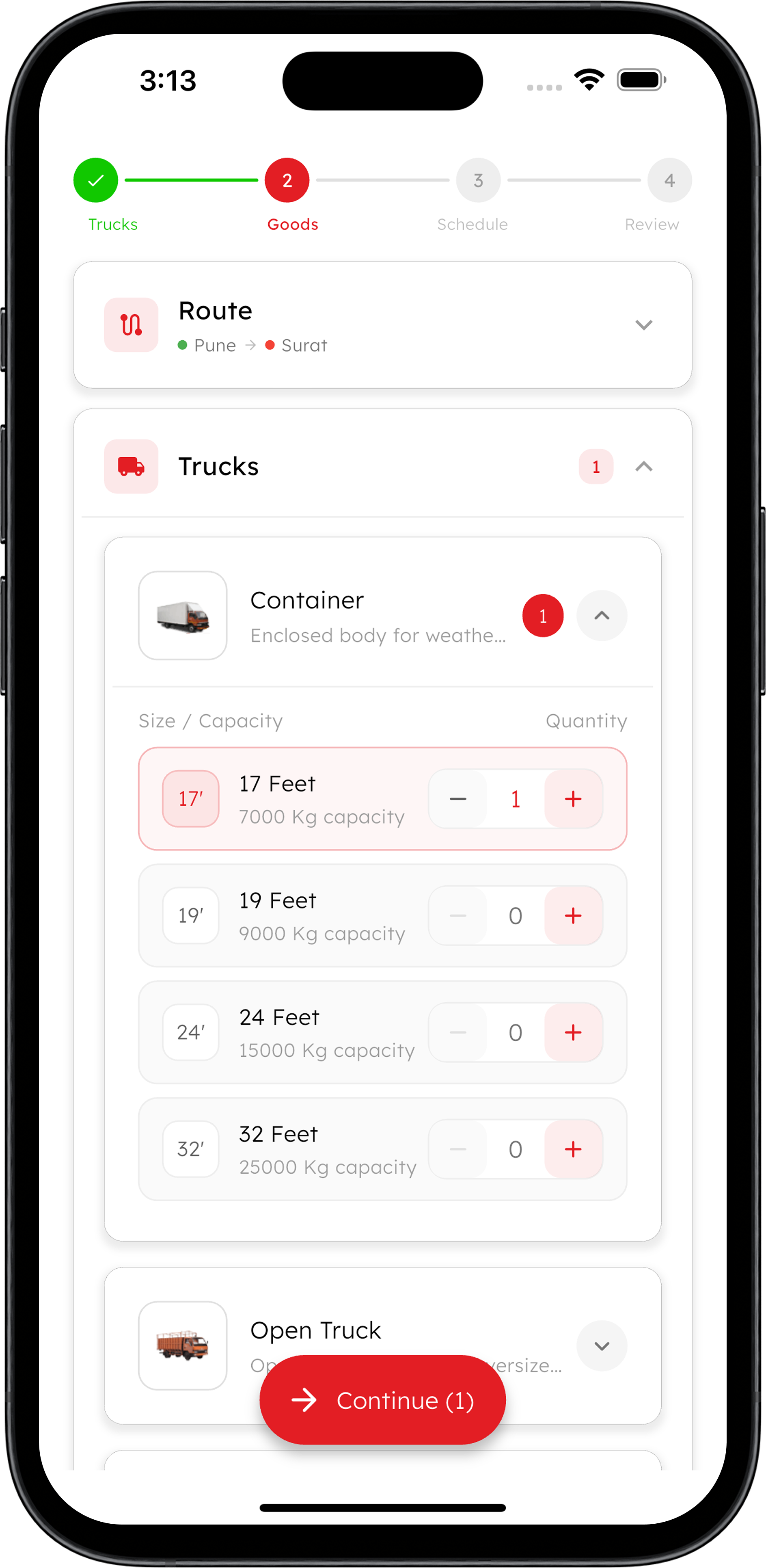 Logistics app showing truck booking flow with route, container sizes and capacity