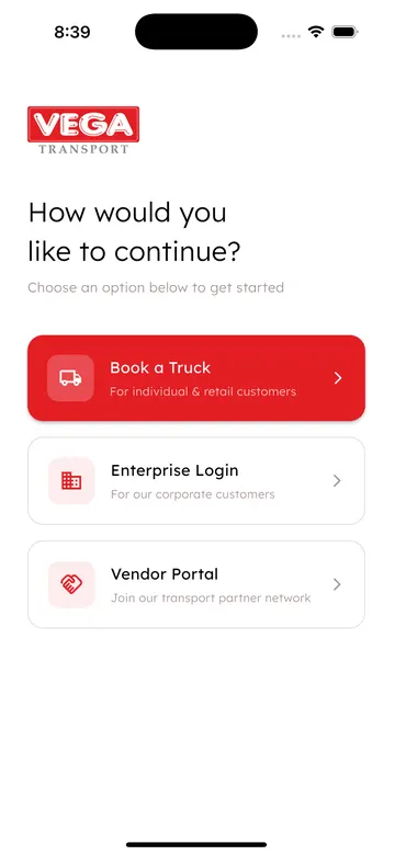 Vega welcome screen: book a truck, enterprise login or vendor portal